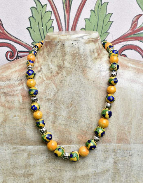Full Blue Pottery Bead Long Necklace (Yellow)